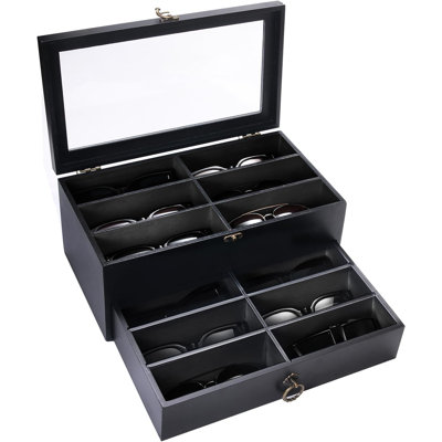 Organisateur de rangement de lunettes de soleil en bois, étui de rangement pour lunettes de soleil à 12 fentes pour paires multiples, présentoir de lunettes pour cadeau, collection de bijoux avec porte-montres pour hommes, femmes