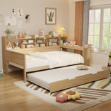 Wooden Daybed with Storage Shelf, Multi-Purpose Bed with Twin Size Pullout Bed and Desk