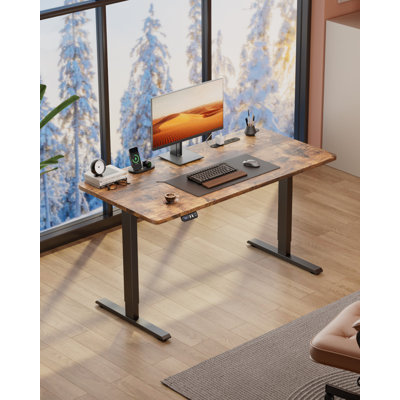 Electric Height-Adjustable Standing Desk with Built-In Power Outlets & USB Ports, Sit-Stand Home Office Desk with Memory Control Panel & Cable management,Brown