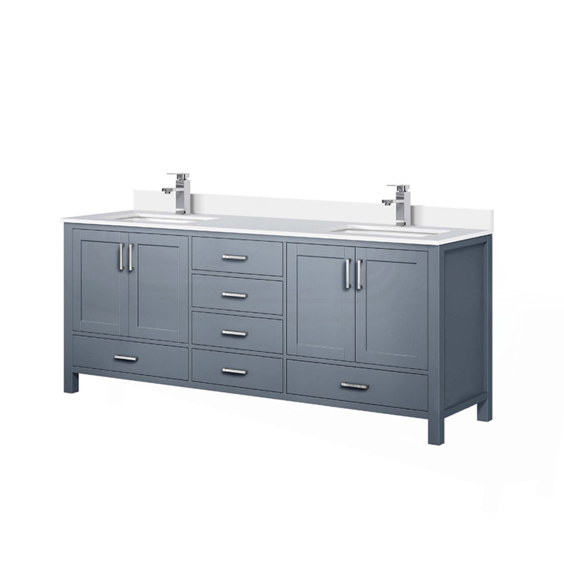 Ensemble de meuble-lavabo double gris foncé l 80 po x P 22 po, comptoir en quartz blanc et robinet