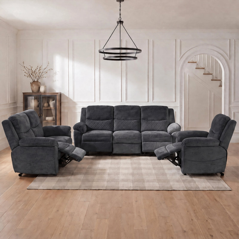 3 Piece Velvet Reclining Living Room Set, Dark Gray Velvet