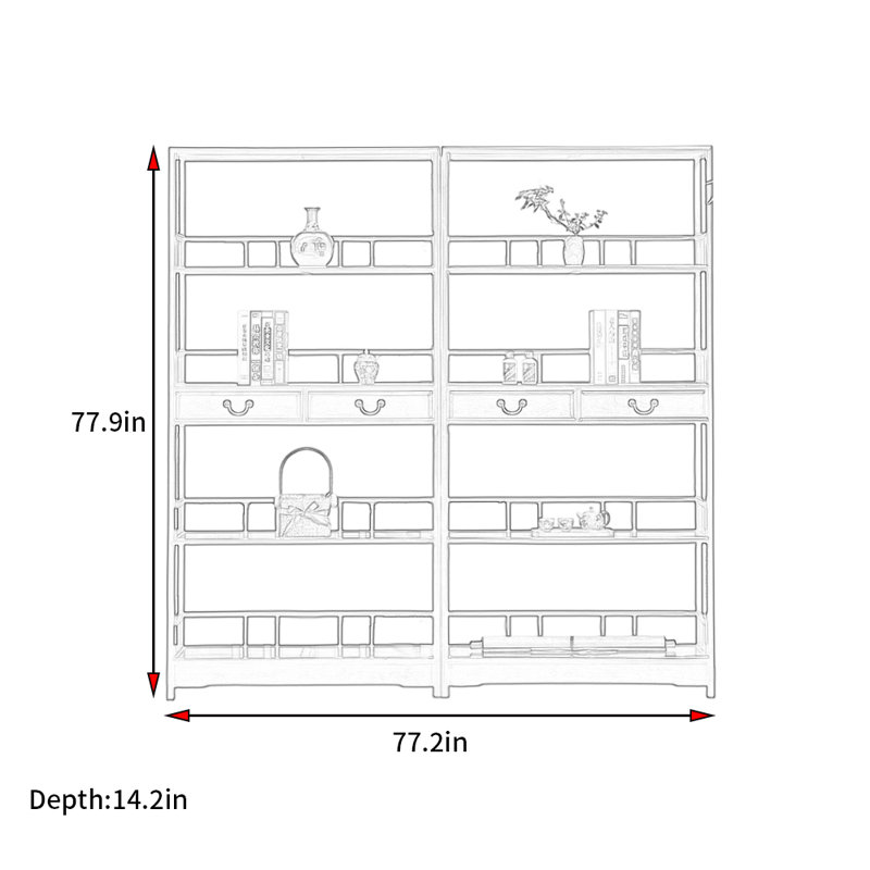 Nouvelle bibliothèque rétro classique chinoise, (3 Shelves) 77.9"H x 77.2"W x 14.2"D