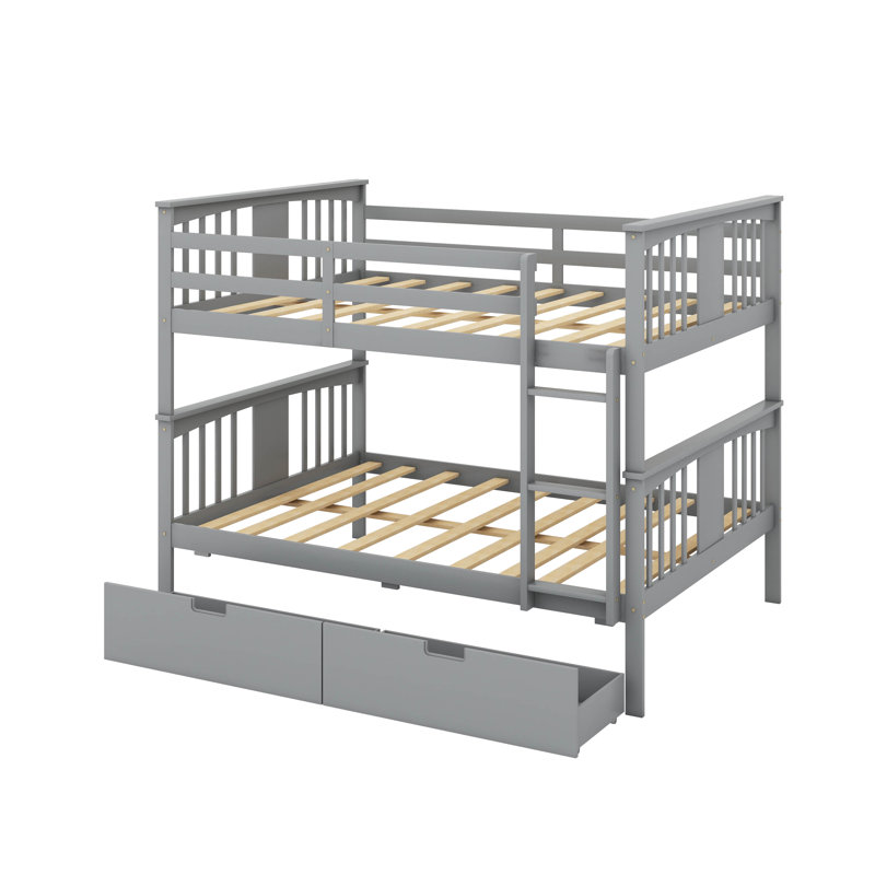Full Over Full Bunk Bed With Drawers And Ladder, Gray