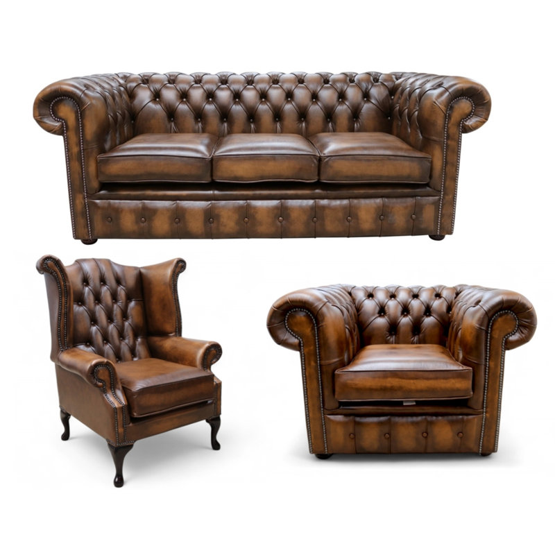 Chesterfield 3 Piece Suite. 3 Seater Sofa + Club Chair + Queen Anne Wing Chair Leather Sofa Suite Offer Antique, Tan