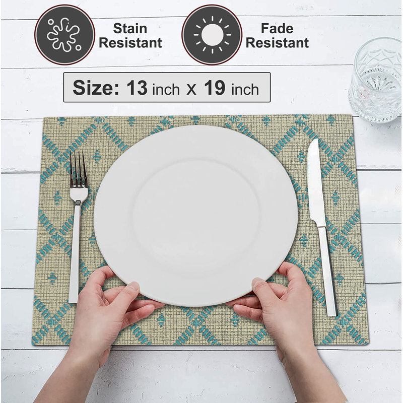 Ruvanti Beige and Blue Cotton Rectangle Placemats Set of 6