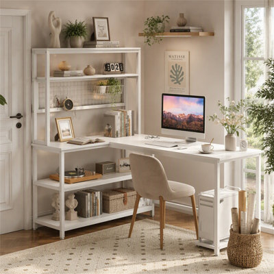 55" Reversible L-Shaped Desk, Computer Desk with Wireless Charging & Hutch