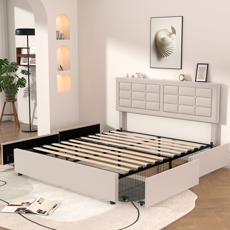 Structure de lit tapissier avec ports de charge Kempst, lit plateforme avec 4 tiroirs de rangement, Double, Beige