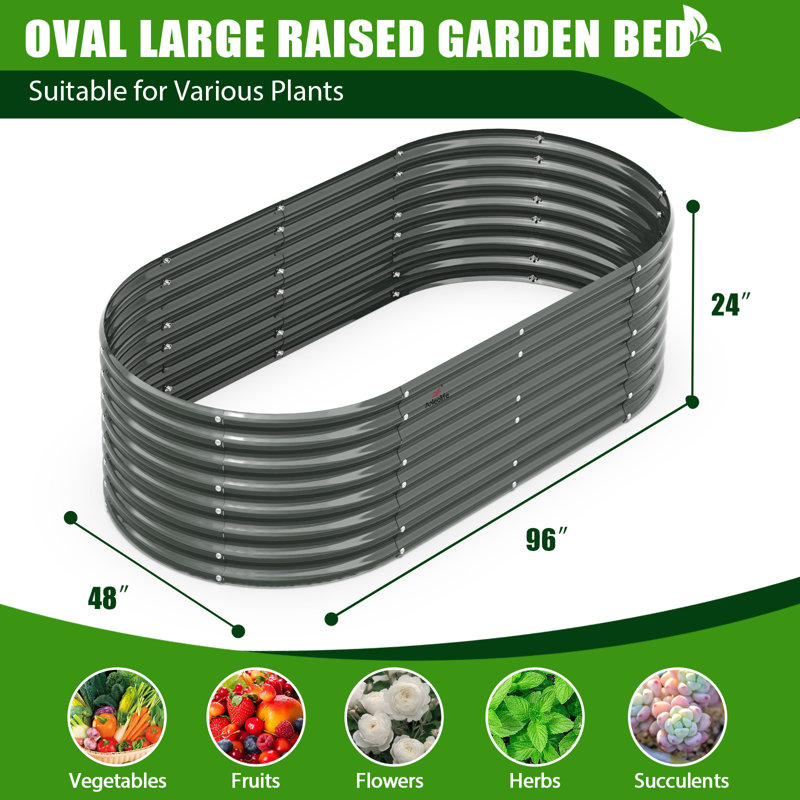 Gray Metal Oval Raised Garden Bed Planter Box For Planting Vegetables Flowers Herb (96 In. L X 48 In. W X 24 In. H), Gray