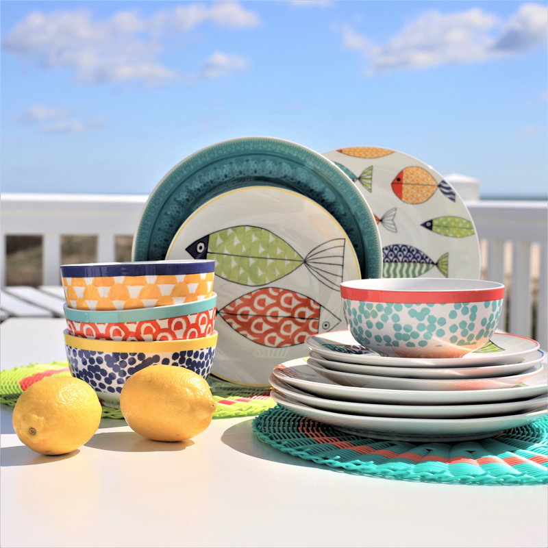FreshCatch 12-Piece Colorful Fish Porcelain Dinnerware Set