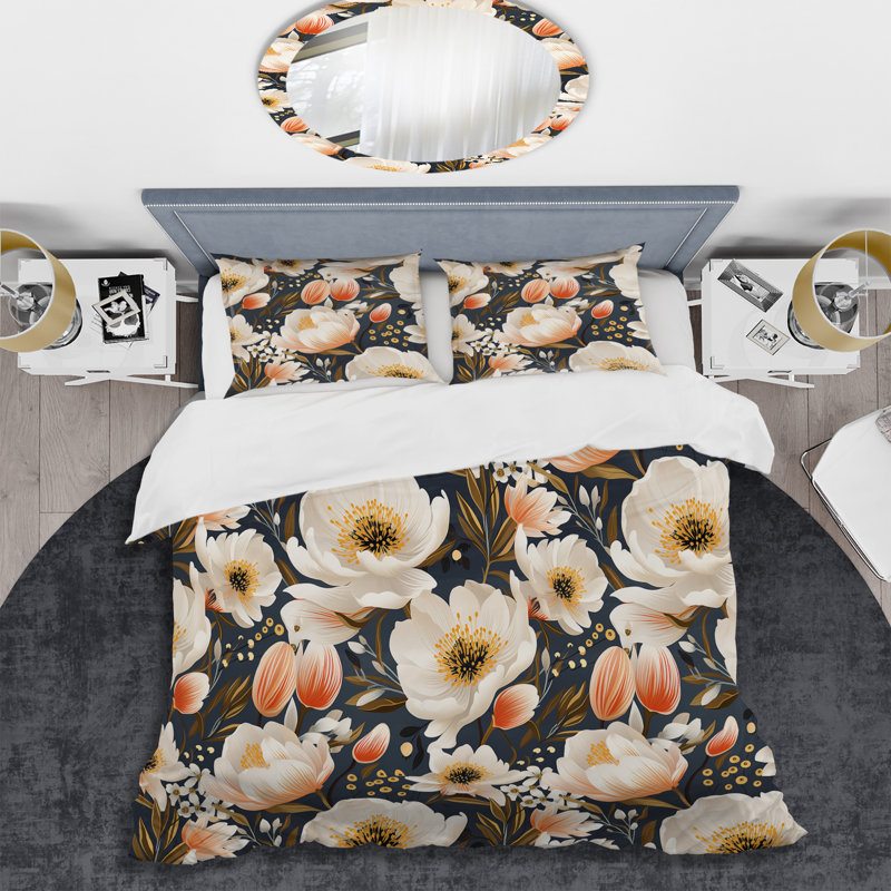 Ensemble de housse de couette floral beige en polyester microfibre I, Housse de couette simple + 1 taie décorative stan