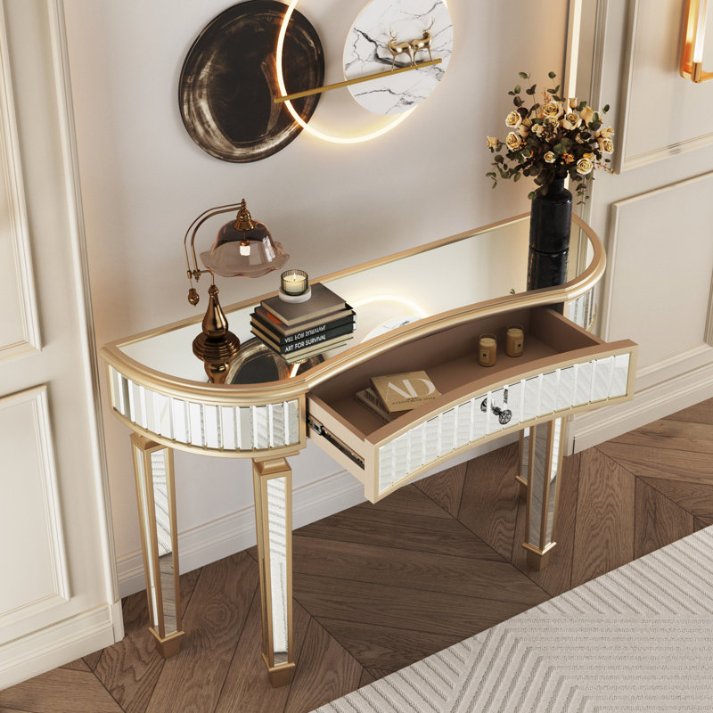 47" Half-Moon Mirrored Console Table With Fluted Glass & Crystal Knob Drawer - Silver Entryway Vanity Desk For Bedroom/Dressing Room(Gold+Sliver)