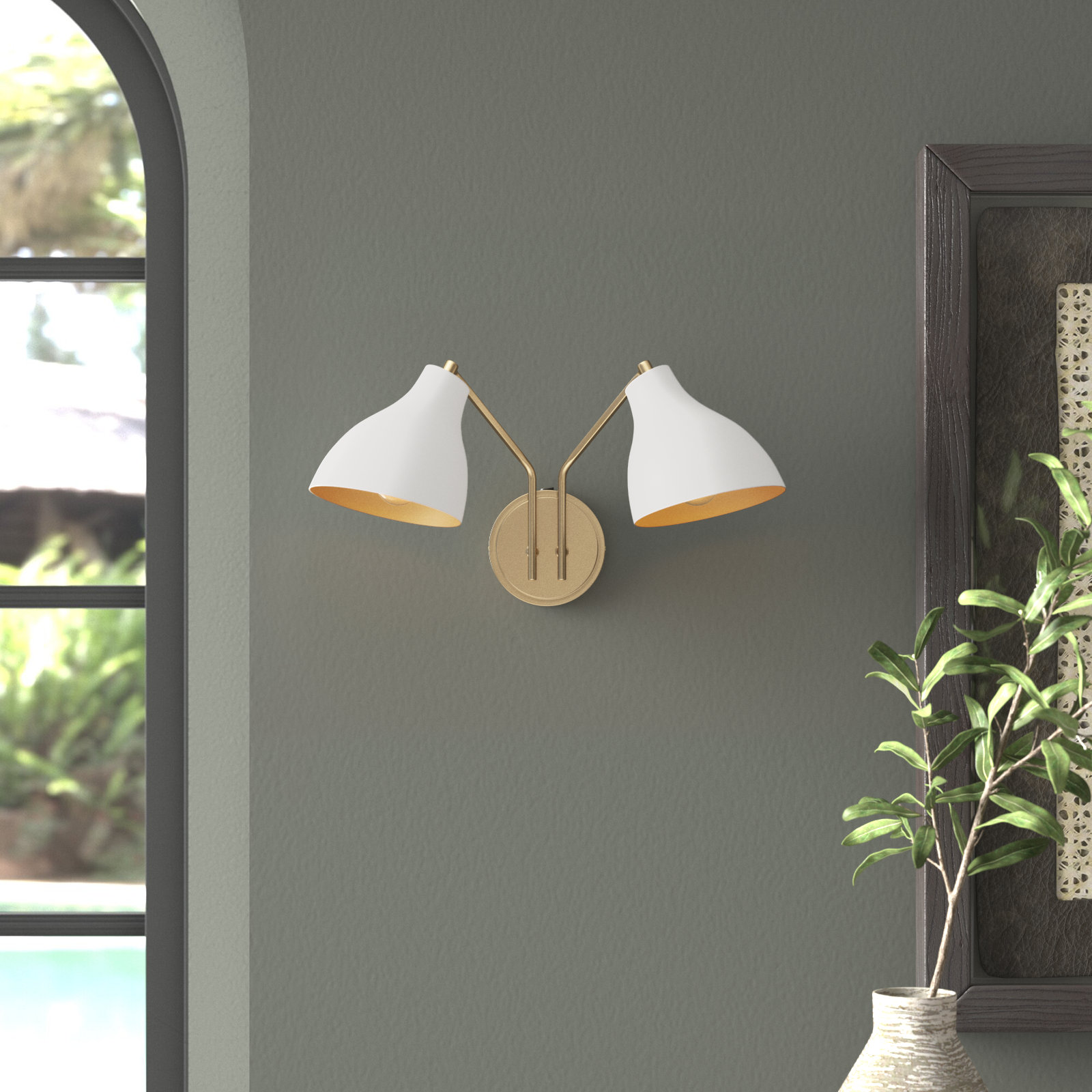 Elyse 2-Light Dimmable Armed Sconce, White/Brass, White