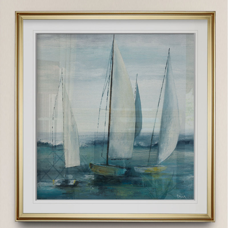 «Out to Sea», peinture, H 16 po x l 16 po x P 2 po, Cadre doré