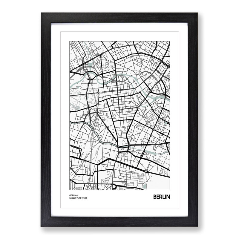 Map Berlin Germany - Picture Frame Graphic Art, Black Framed, 90cm H x 65cm W x 2cm D