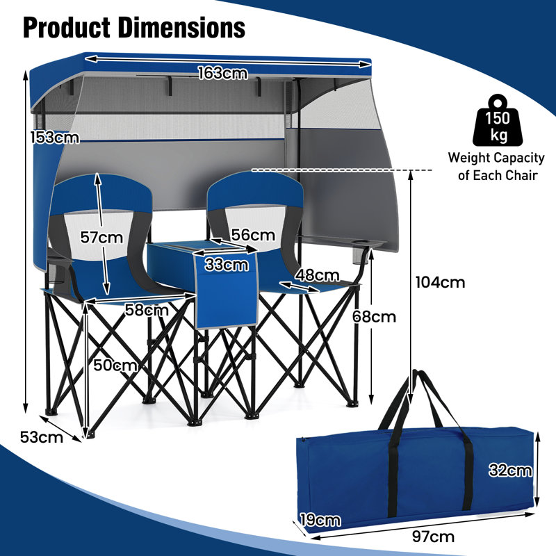2-Person Portable Loveseat Double Beach Chair Oversized Folding Camping Chair, Blue