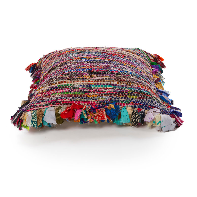 Multicolor Striped Hand-Woven Chindi Floor Pillow, 26" x 26"