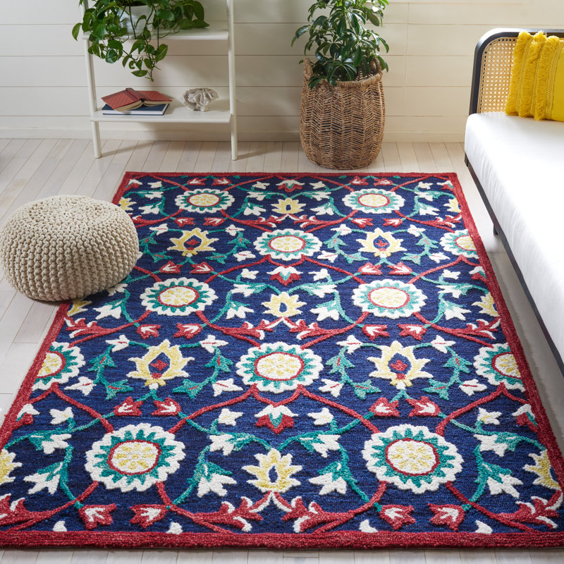 Blossom Hand Tufted Wool/Cotton Oriental Rug in Red/Navy/Blue, Rectangle 8' x 10'
