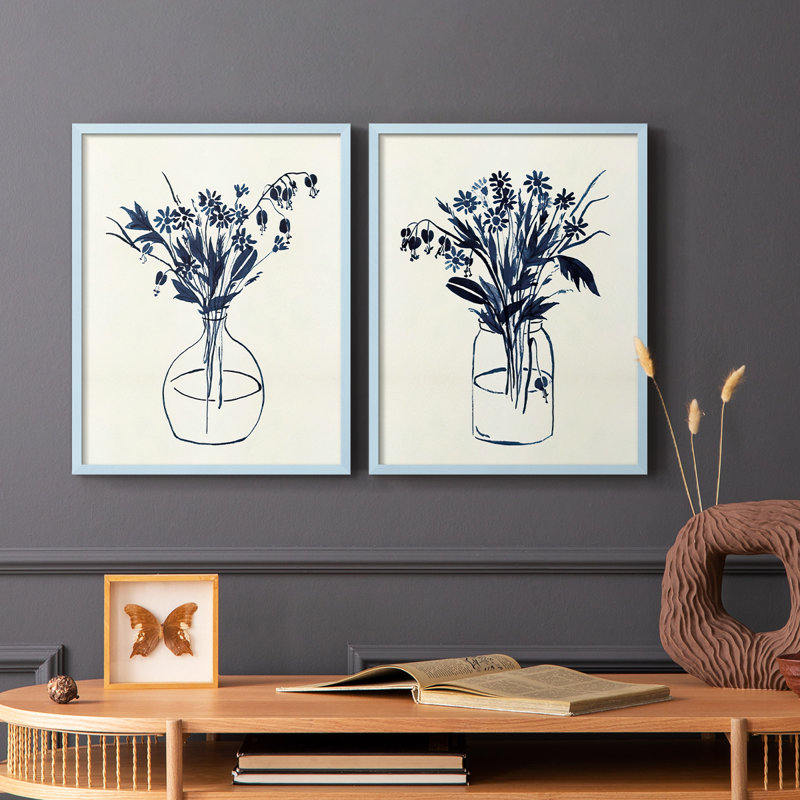 Vase floral indigo I - impression encadrée de qualité supérieure - prêt à être accroché - aucun clou requis - aucun clou requis