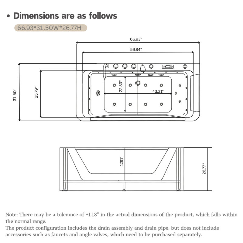 67" Whirlpool Rectangular Bathtub ,Hydrotherapy Jetted Bathtub with Glass Panel, 7 Jets,3-Side Apron,89 Gal. White