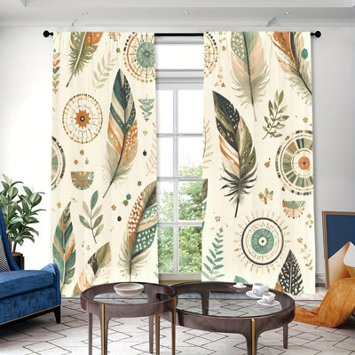 2 Panels Light Filtering Curtains, Earth Tone Tribal Feather Mandala Bohemian Print Home Decor, Easy Hang Rod Pocket Design, All Season Window Drapes for Living Room Bedroom Dormitory Decoration