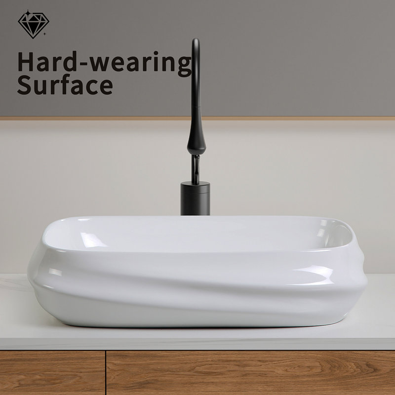 Modern Rectangular Ceramic Vessel Sink - 23.6"×16.9" Textured Bas Relief Design, No Faucet Hole, Gloss White Bathroom Basin N0 Drain (5.3" Height)