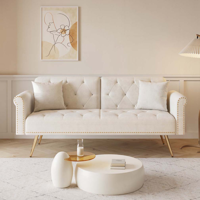 Velvet Fabric Adjustable Sofa Bed, Beige