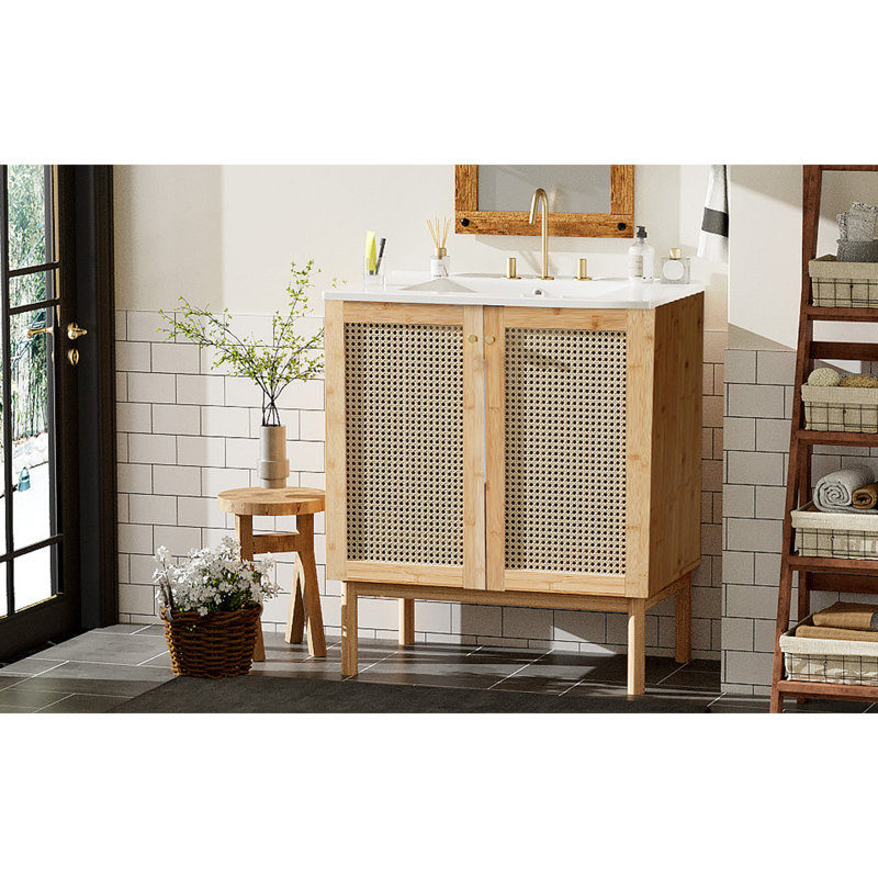Meuble-lavabo de 30 pouces fabriqué à partir de matériaux naturels, avec des portes en rotin faites à la main et des mécanismes de fermeture en douceur