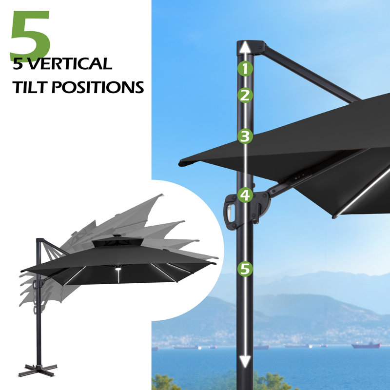 Parasol extérieur rectangulaire en porte-à-faux à DEL 153 po x 116 po sans base lestée, Noir