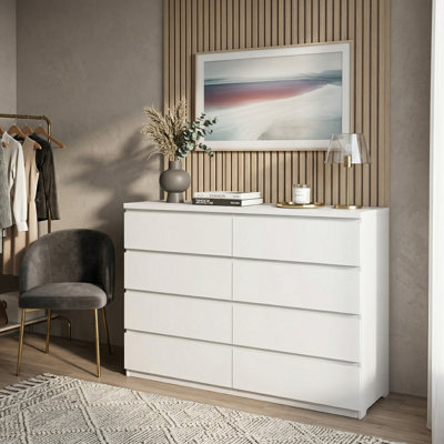 Commode blanche à 8 tiroirs en bois, grande commode moderne pour garde-robe de chambre à coucher