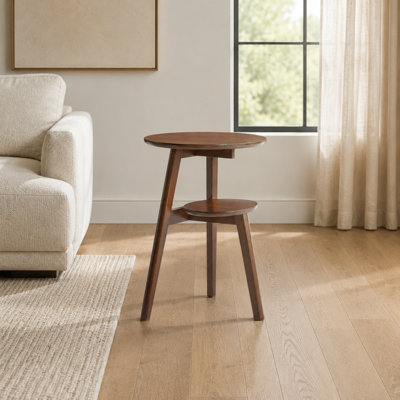 Table de chevet à 2 niveaux en bois massif avec table de bout ronde et tablette de rangement inférieure