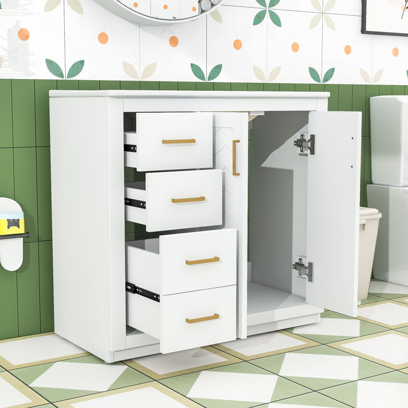 Meuble-lavabo de salle de bain avec cadre en bois et lavabo, beaucoup de rangement, Blanc