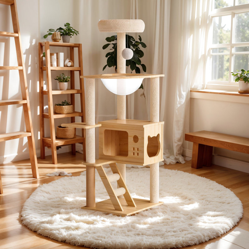 Arbre à chat de 124 cm (48,8 pouces) pour chats d'intérieur, avec griffoirs, en acrylique, et un design moderne avec perchoir supérieur. Convient aux chats de toutes tailles. Style naturel et blanc.