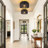 Rattan Ceiling Light Fixtures (12-Inch, LED Bulb Included) Hand-Woven Boho Flush Mount Ceiling Light Rattan Chandelier(Black)