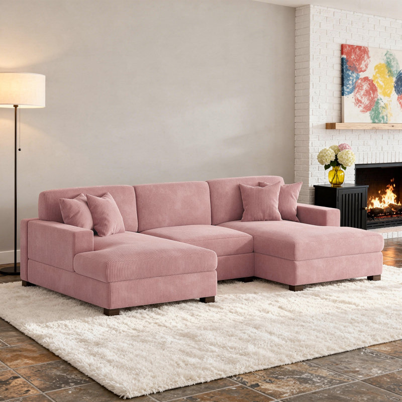 Canapé modulaire en velours côtelé, H 33 po x l 116 po x P 63 po, Velours côtelé rose