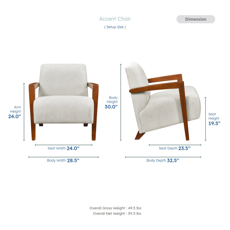 Jules 28.5" Mid Century Accent Chair with Chenille Fabric Upholstery, Chestnut Solid Wood Arms, Dacron Wrapped Foam Seating