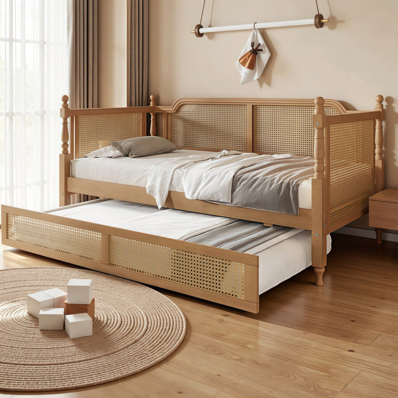 Handcrafted Rattan Daybed with Pull-Out Trundle for Twin/Full Size Bedding - Space-Saving Solution for Cozy Guest Rooms, No Box Spring Required