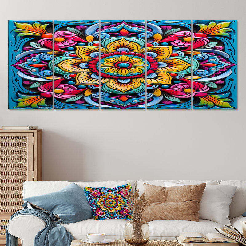 Art mural vibrant 5 x fuchsia azur jaune - Boho Mandala, H 32 po x l 80 po