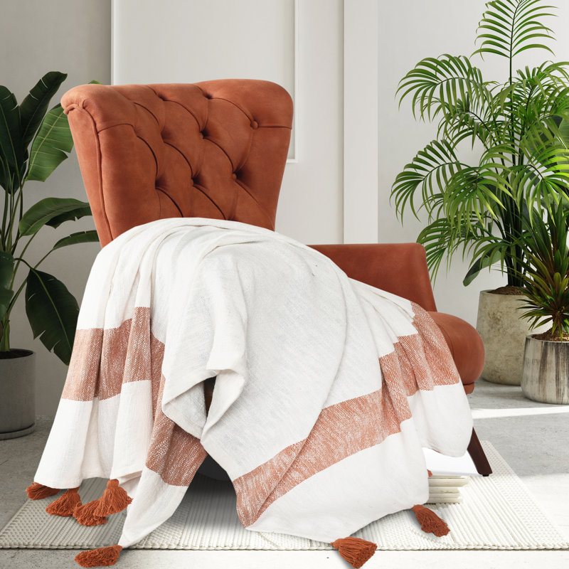 Jeté rayé en coton à blocs de couleur Allisina, Orange