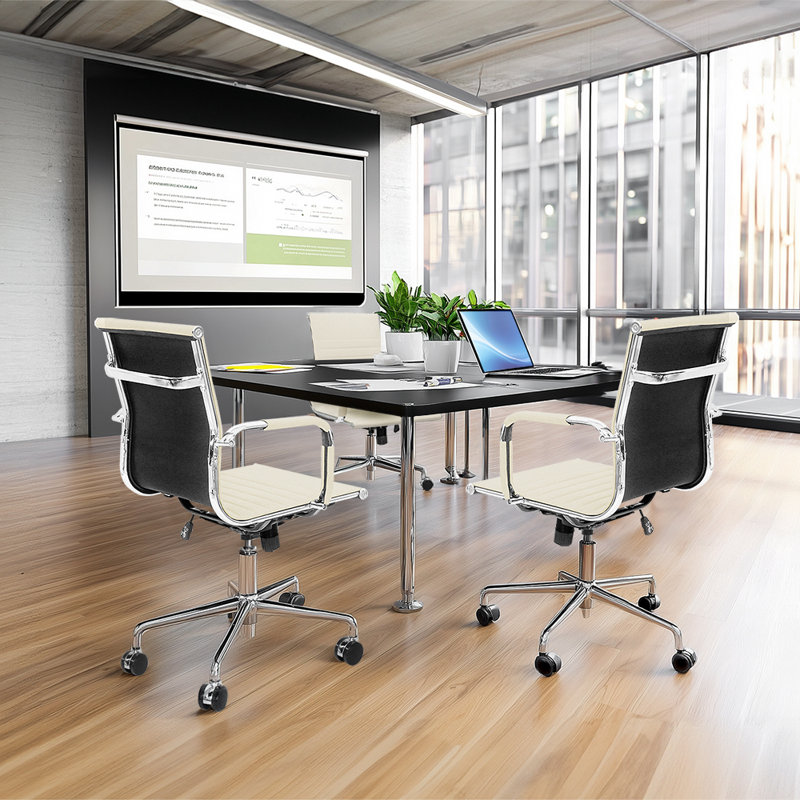 Mid Back Executive Swivel Office Chair With Metal Frame And Arms, Ivory