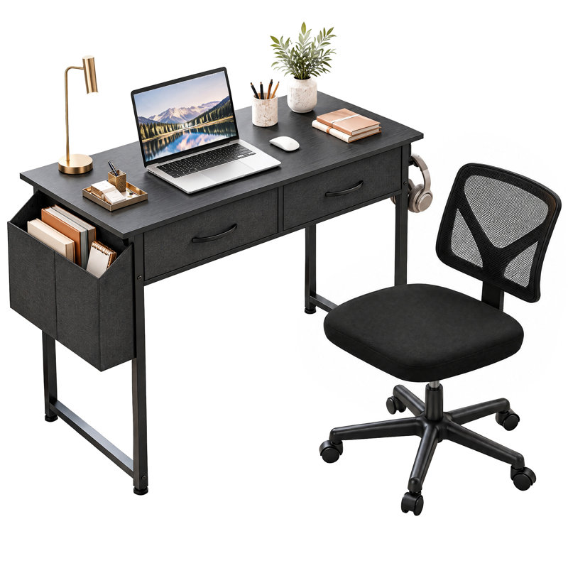 Ovidia Desk and Chair Set: 32 Inch Computer Desk & Height Adjustable Black Mesh Chair, Black/Black