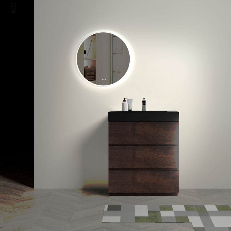 Meuble-lavabo autoportant de 30 po en noyer avec lavabo, grand meuble-lavabo autoportant pour salle de bain moderne, lavabo une pièce noir sans drain ni robinet, pré-assemblé
