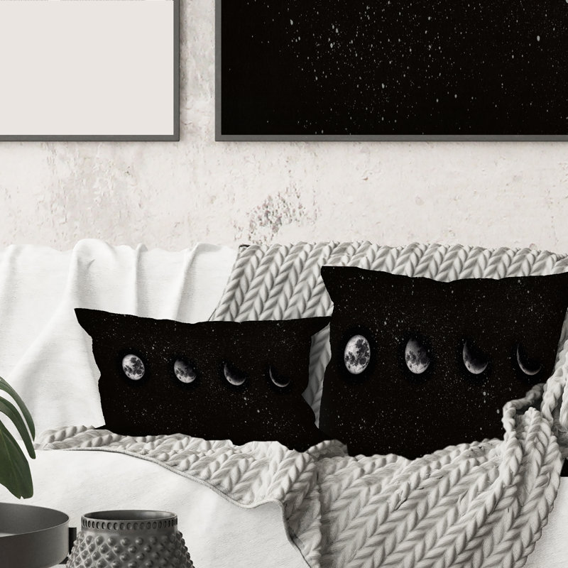 Carré, phases de lune dans le ciel nocturne - Coussin décoratif imprimé moderne, 16" x 16"