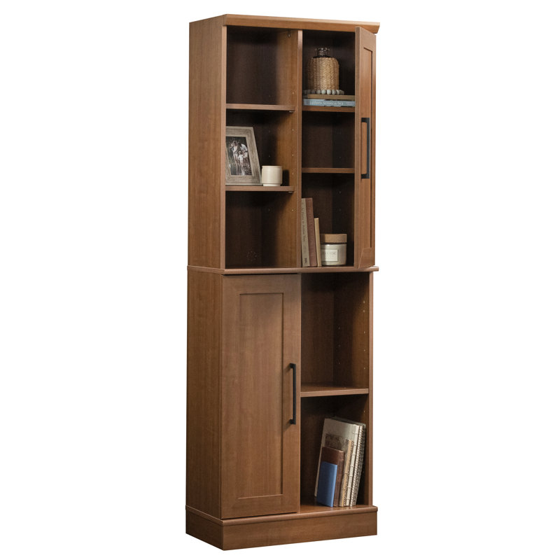 Armoire de rangement brune avec niveleurs de base réglables, six tablettes, idéale pour les petits espaces de vie. Niveleurs de finition. Planchers inégaux, utilisation domestique polyvalente.
