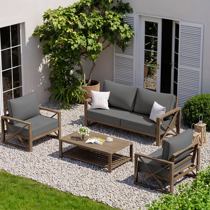 Ensemble de conversation de patio en aluminium 4 pièces avec finition en grain de bois artificiel et coussins, Gris foncé