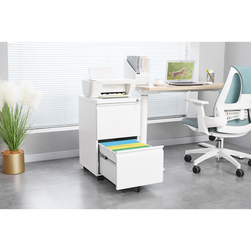 Classeur mobile compact avec 2 tiroirs, une serrure et une roue centrale, pour le bureau à domicile Barre de suspension amovible à deux tiroirs en métal, placement sous le bureau, roulettes