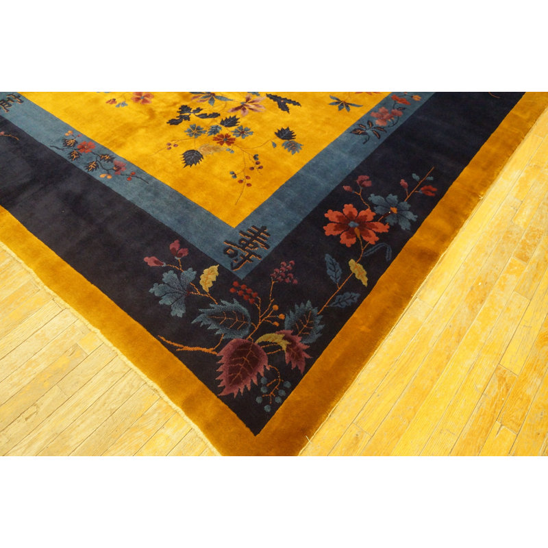 Antique Art Deco Chinese Floral Medallion Yellow Gold Color Area Rug