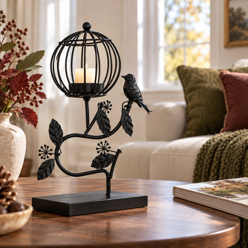 Lanterne de table en fer forgé en forme de cage à oiseaux (11,61 po), Noir