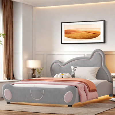 Platform Bed With Bear-shaped Headboard And Bed-end Storage Pocket