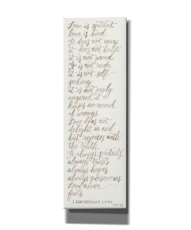 «Handwritten Love is patient» par Cindy Jacobs, art mural sur toile, L 12 po x H 36 po