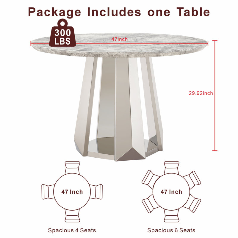 Table de salle à manger ronde moderne en marbre avec base en acier inoxydable, gris et argent, 47 po pour la cuisine et la salle à manger